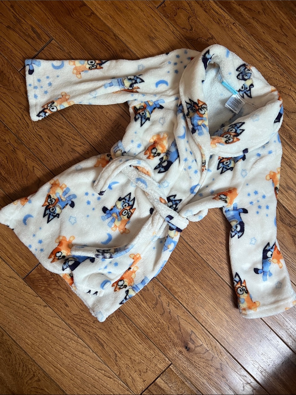 Cozy Cream Kids Hooded Plush Robe with Blue and Orange Character Print